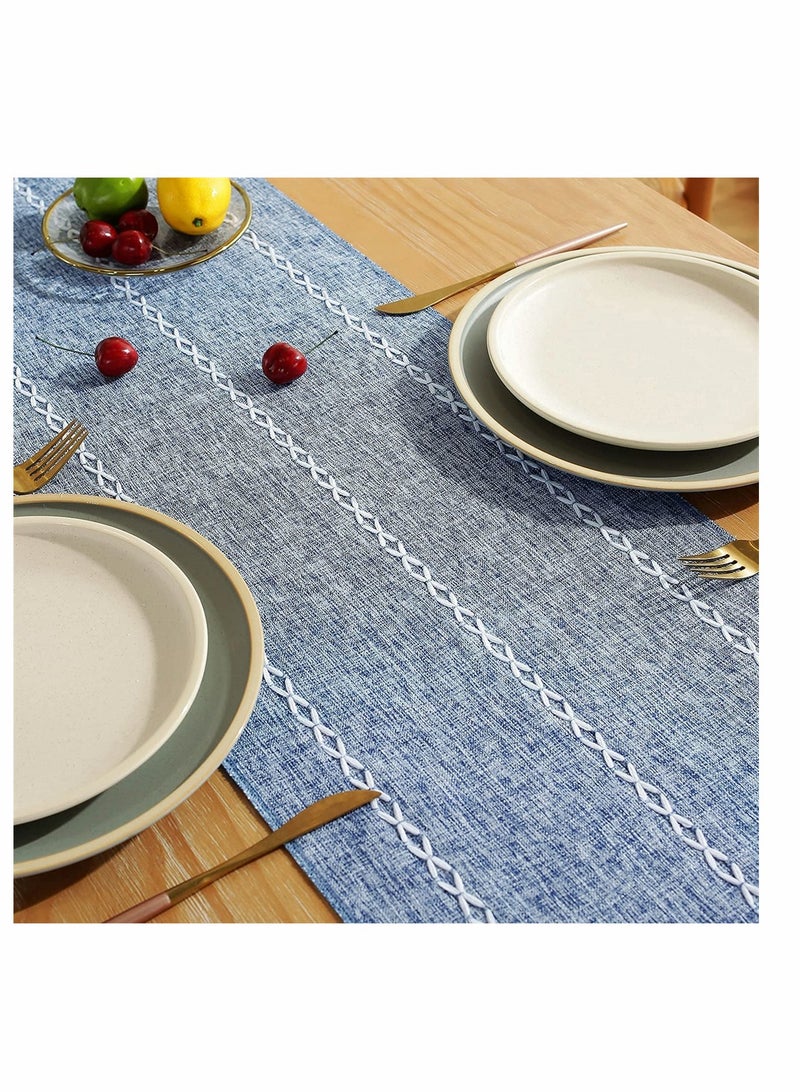 SYOSI Table Runner, Rustic Linen Table Runner with Handmade Tassel, Embroidered Farmhouse Style Table Runners 90 Inches Long for Party and Dining Room Dining Holiday Decorations, 13 x 90 Inch, Blue  - Image 3