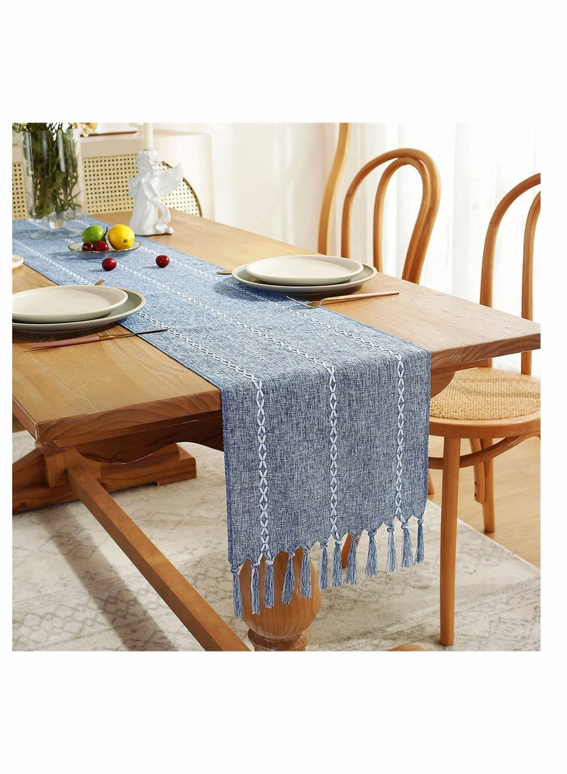 SYOSI Table Runner, Rustic Linen Table Runner with Handmade Tassel, Embroidered Farmhouse Style Table Runners 90 Inches Long for Party and Dining Room Dining Holiday Decorations, 13 x 90 Inch, Blue  - Image 1
