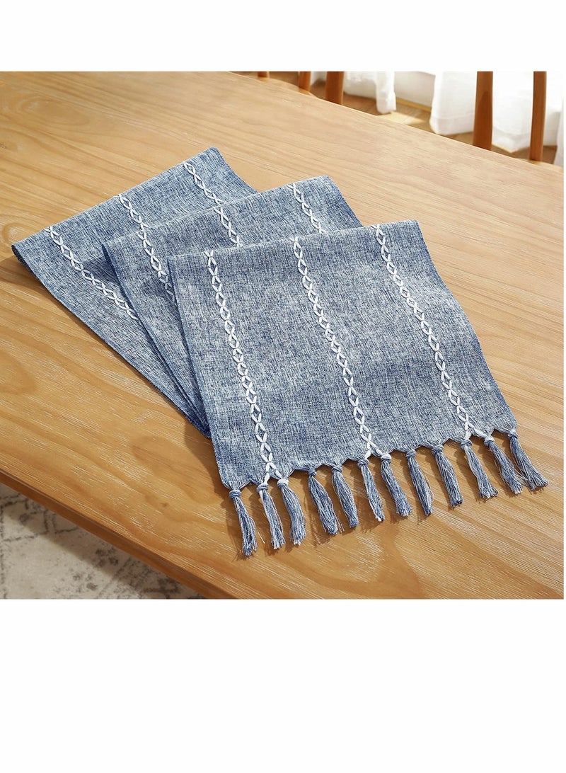 SYOSI Table Runner, Rustic Linen Table Runner with Handmade Tassel, Embroidered Farmhouse Style Table Runners 90 Inches Long for Party and Dining Room Dining Holiday Decorations, 13 x 90 Inch, Blue  - Image 5
