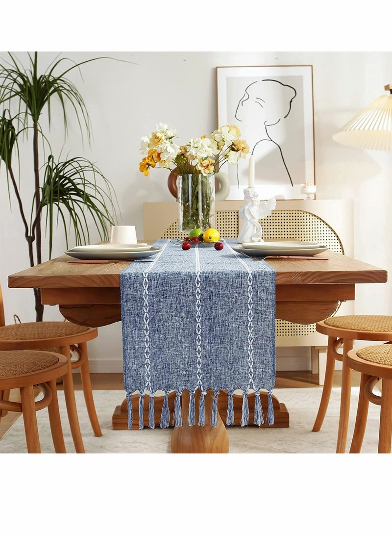 SYOSI Table Runner, Rustic Linen Table Runner with Handmade Tassel, Embroidered Farmhouse Style Table Runners 90 Inches Long for Party and Dining Room Dining Holiday Decorations, 13 x 90 Inch, Blue  - Image 2