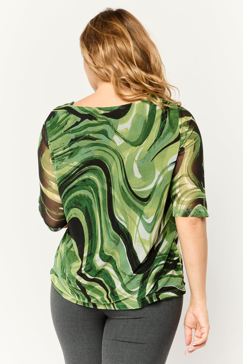 Cyrus Women Boat Neck Short Sleeves Abstract Mesh Blouse, Multicolor  - Image 4