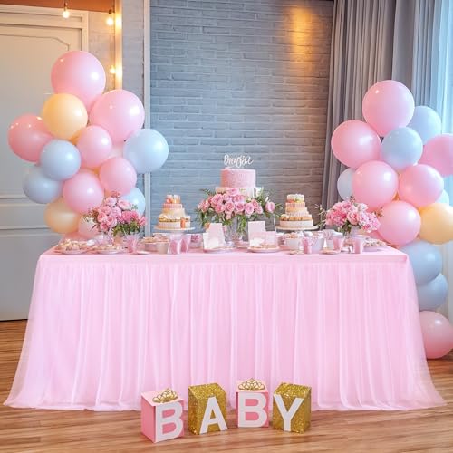 HB HBB MAGIC Pink Table Cloths for Parties Light Pink Tulle Tablecloth Rectangle, Pink Tulle Table Skirt Rectangle Table 6ft Fitted Table Covers Stretch Elastic Banquet Party Baby Shower Wedding Table Cloth 6 Foot - Image 2