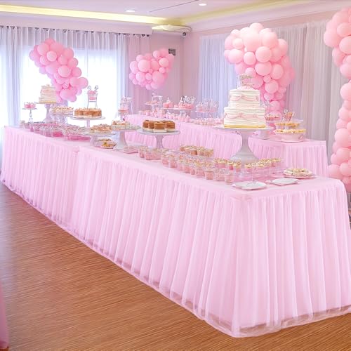 HB HBB MAGIC Pink Table Cloths for Parties Light Pink Tulle Tablecloth Rectangle, Pink Tulle Table Skirt Rectangle Table 6ft Fitted Table Covers Stretch Elastic Banquet Party Baby Shower Wedding Table Cloth 6 Foot - Image 5