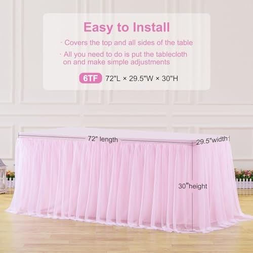 HB HBB MAGIC Pink Table Cloths for Parties Light Pink Tulle Tablecloth Rectangle, Pink Tulle Table Skirt Rectangle Table 6ft Fitted Table Covers Stretch Elastic Banquet Party Baby Shower Wedding Table Cloth 6 Foot - Image 4