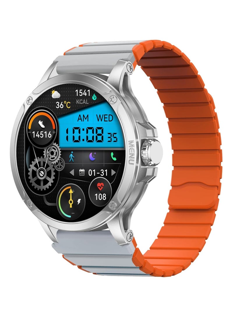 Maxwell MW Alpha Smart Watch, 40 Days Standby Time, Dial/Answer Calls, SMS BT5.2, IP68 Waterproof, Super AMOLED Retina Screen, 100+ Sports Mode, Compatible with iOS & Android, Unisex (Silver/Orange) - Image 1