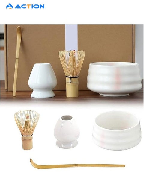 4 Piece Matcha Tea Set Matcha Whisk Kit Matcha Ceramic Bowl Matcha Whisk, White Whisk Holder Traditional Scoop Perfect Set to a Traditional of Matcha Tool (Pink and White)