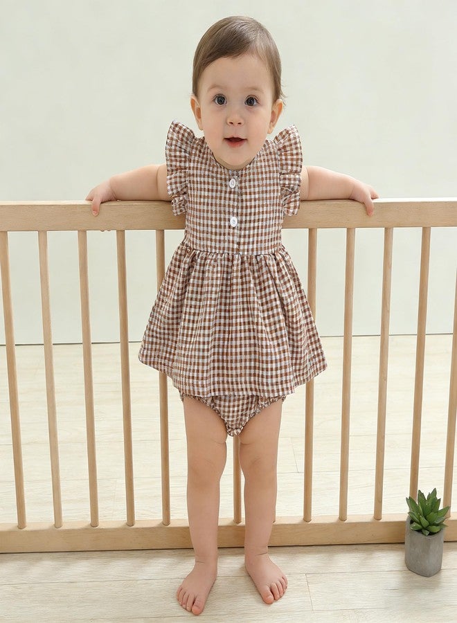 Yoawdats Toddler Infant Girl Clothes Plaid Ruffle Sleeveless Tops Bloomer 2PCS Suit Baby Girl Summer Outfits 0-24 Months (Khaki, 6-12 Months) - Image 3