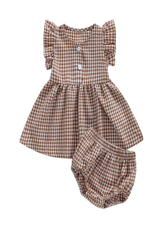 Yoawdats Toddler Infant Girl Clothes Plaid Ruffle Sleeveless Tops Bloomer 2PCS Suit Baby Girl Summer Outfits 0-24 Months (Khaki, 6-12 Months) - Image 1
