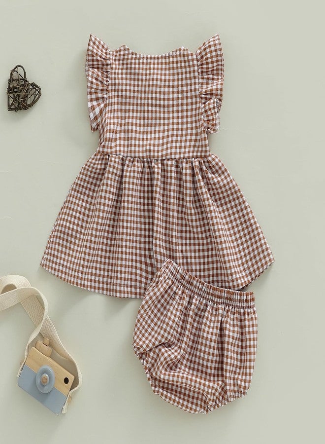 Yoawdats Toddler Infant Girl Clothes Plaid Ruffle Sleeveless Tops Bloomer 2PCS Suit Baby Girl Summer Outfits 0-24 Months (Khaki, 6-12 Months) - Image 4