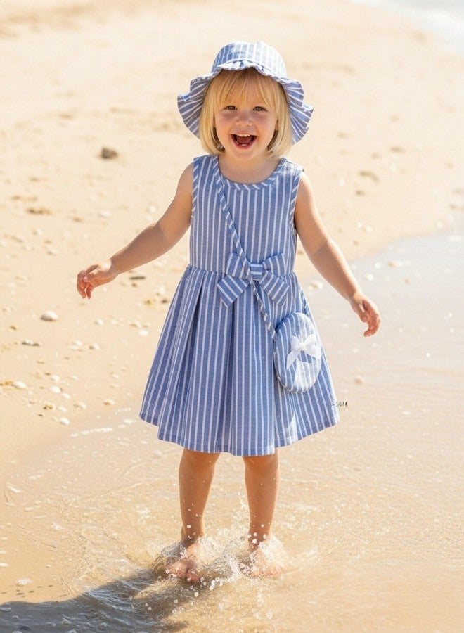 SODLON 18 Month Girls Dresses Sleeveless Causal Summer Dress Toddler Girl Clothes 18-24 Months Blue Bow Striped Fashion Sun Dress with Hat Cute Sweet 24 Month Girl Outfits - Image 2