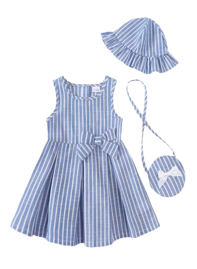 SODLON 18 Month Girls Dresses Sleeveless Causal Summer Dress Toddler Girl Clothes 18-24 Months Blue Bow Striped Fashion Sun Dress with Hat Cute Sweet 24 Month Girl Outfits - Image 1