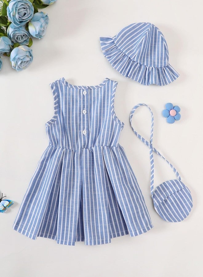 SODLON 18 Month Girls Dresses Sleeveless Causal Summer Dress Toddler Girl Clothes 18-24 Months Blue Bow Striped Fashion Sun Dress with Hat Cute Sweet 24 Month Girl Outfits - Image 4