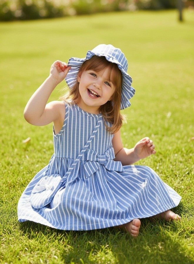 SODLON 18 Month Girls Dresses Sleeveless Causal Summer Dress Toddler Girl Clothes 18-24 Months Blue Bow Striped Fashion Sun Dress with Hat Cute Sweet 24 Month Girl Outfits - Image 3