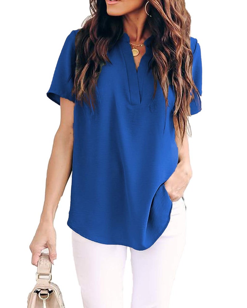 Allimy Women Summer Clothes V Neck Chiffon Work Blouses Short Sleeve Tunic Tops Small Blue - Image 2