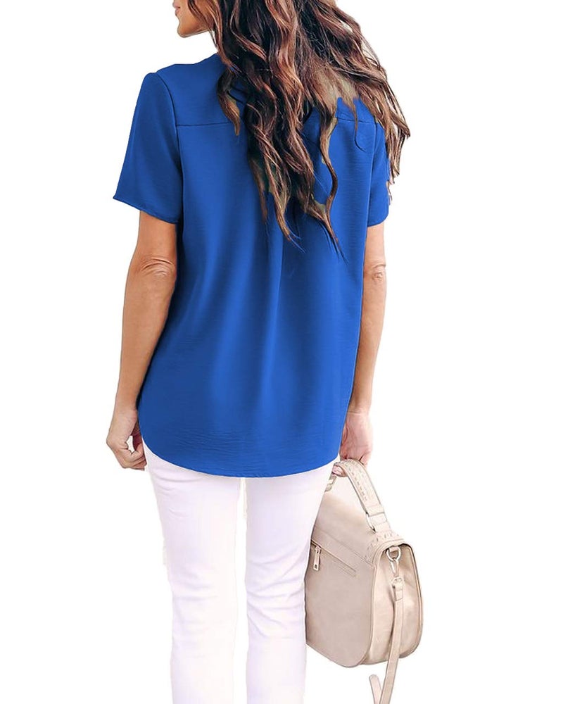 Allimy Women Summer Clothes V Neck Chiffon Work Blouses Short Sleeve Tunic Tops Small Blue - Image 4
