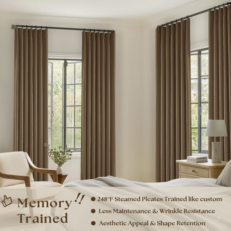 TWODRAPES Brown Pinch Pleated 100% Blackout Linen Bedroom Curtains 96 Inch Length Double Layer Pleat Curtains Ring Hooks Back Tab Black Out Room Darkening Drapes 96 Inches Long Living Room Dutch Cocoa - Image 2