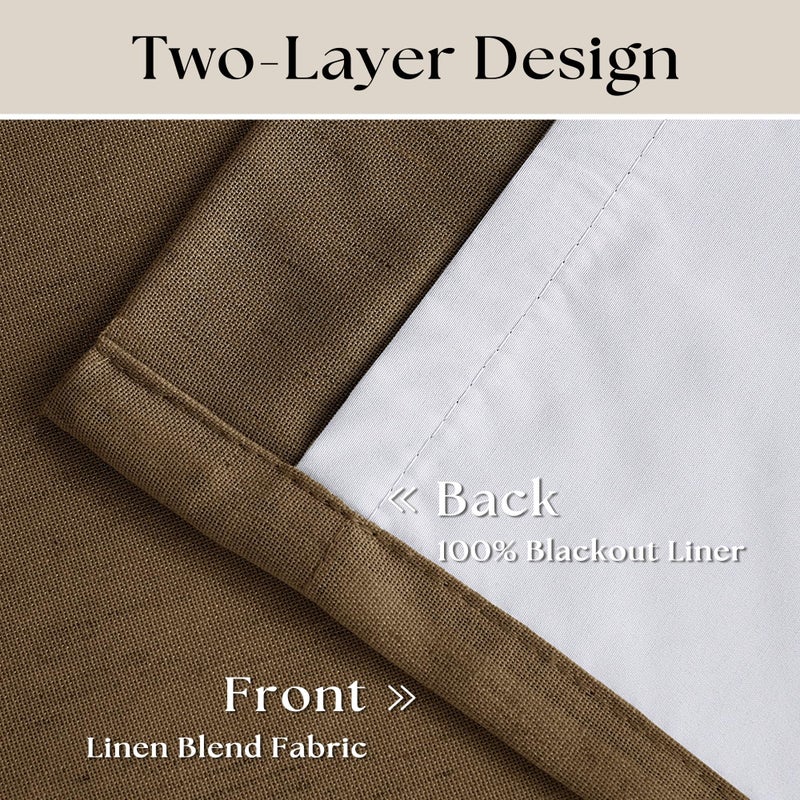 TWODRAPES Brown Pinch Pleated 100% Blackout Linen Bedroom Curtains 96 Inch Length Double Layer Pleat Curtains Ring Hooks Back Tab Black Out Room Darkening Drapes 96 Inches Long Living Room Dutch Cocoa - Image 4
