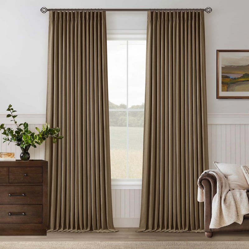 TWODRAPES Brown Pinch Pleated 100% Blackout Linen Bedroom Curtains 96 Inch Length Double Layer Pleat Curtains Ring Hooks Back Tab Black Out Room Darkening Drapes 96 Inches Long Living Room Dutch Cocoa - Image 1
