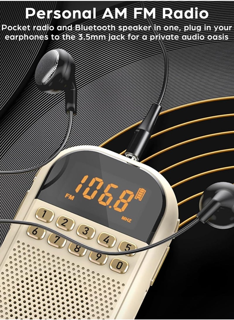 راديو شخصي محمول AM/FM مع سماعة بلوتوث - راديو جيب رقمي صغير قابل للشحن - يدعم بطاقة الذاكرة TF - مزود بشاشة LED ومؤقت نوم - يحتوي على مقبس سماعات للأذن - مثالي للمشي والجري (أسود)