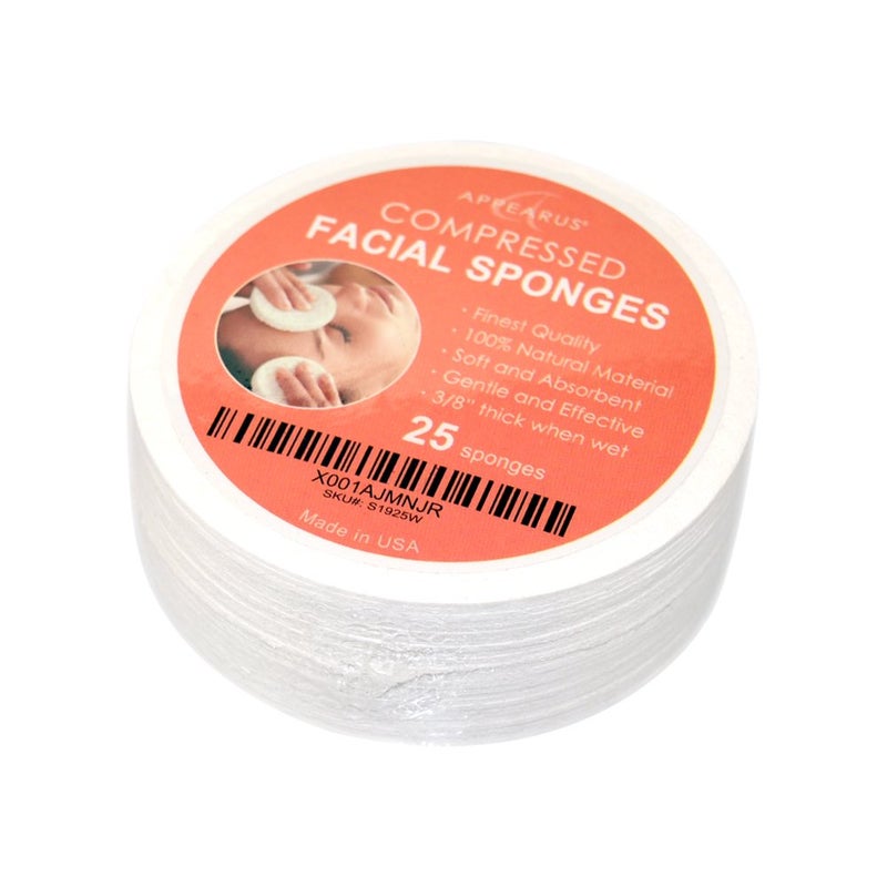 Appearus Facial Sponges - APPEARUS Compressed Natural Cellulose Face Sponge | Made in USA | Professional Spa Sponges for Face Cleansing, Massage, Pore Exfoliating, Mask, Makeup Removal (25 Count) (White) 