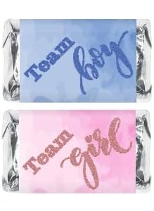RokAPary 60 Team Girl Team Boy Mini Candy Bar Wrapper Miniatures Candy Bar Stickers Gender Reveal Pink and Blue Decorations Party Favors Made in USA  - Image 1