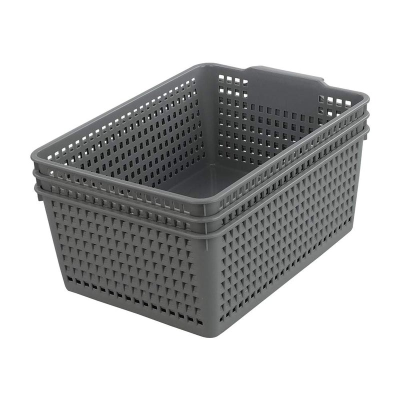 Gloreen 3 Pack Large Plastic Storage Baskets, Multipurpose Storage Basket for Organizer, Grey