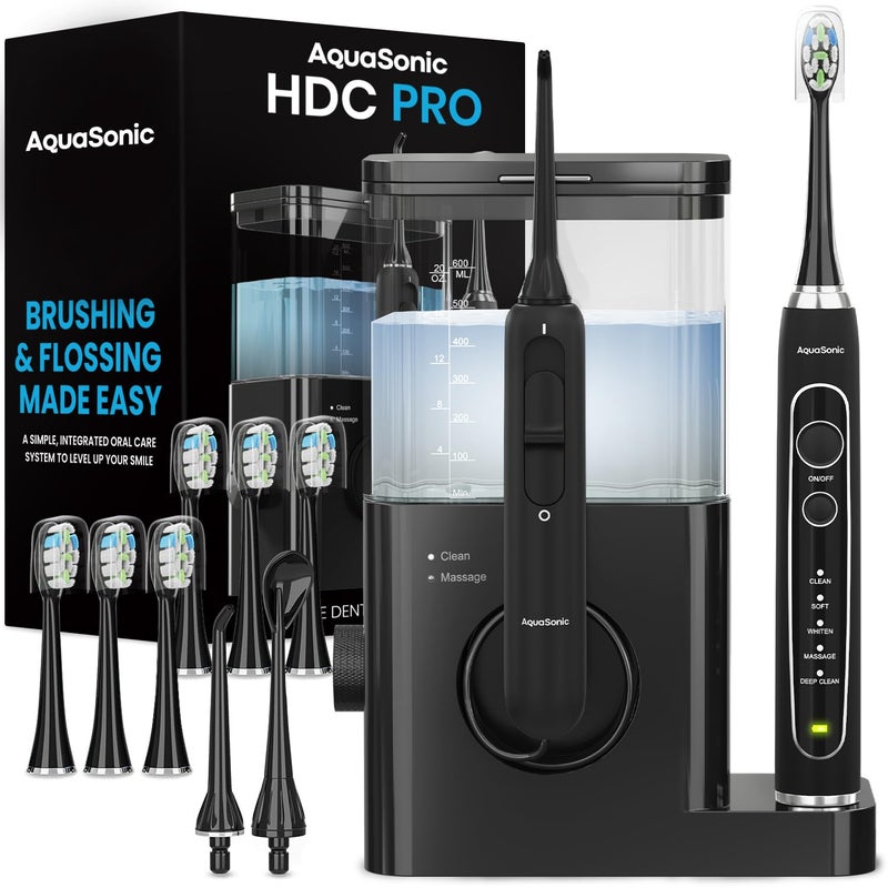 AquaSonic Home Dental Center PRO Brushing Flossing Made Easy Brush Floss Power Toothbrush Water Flosser Whiter Teeth Healthier Gums Black Series ProOral Irrigator