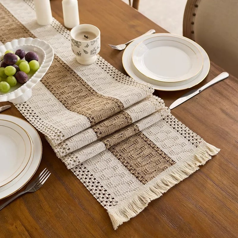 Y&D High Quality Brown Rectangle Hollowed-Out Tassels Table Runner – Elegant Tablecloth for Party, Dining & Decor - Image 3