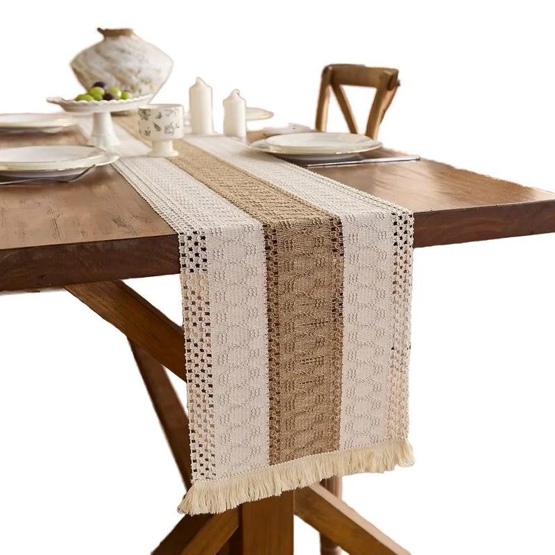 Y&D High Quality Brown Rectangle Hollowed-Out Tassels Table Runner – Elegant Tablecloth for Party, Dining & Decor - Image 2