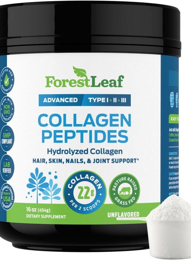 ForestLeaf مسحوق ببتيدات الكولاجين غير المنكه - مسحوق بروتين الكولاجين المعالج من النوع 1 و 2 و 3 - مسحوق كولاجين كيتو من العشب للنساء والرجال - للشعر والبشرة والأظافر والمفاصل والتعافي، 11 جرام لكل حصة - Image 1
