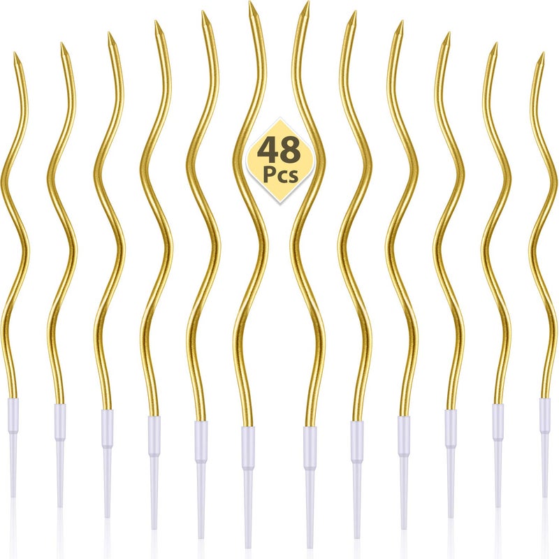 48 Pieces Twisty Birthday Spiral Cake Candles with Holders Long Thin Curly Coil Metallic Cake Cupcake Candles for Birthday Wedding Party DecorationMetallic Gold