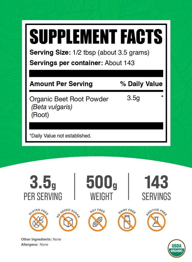BulkSupplements.com Organic Beet Root Powder - Superfood Supplement, Beet Root Supplements - Vegan & Gluten Free, 3.5g per Serving, 500g (1.1 lbs) (Pack of 1) - Image 2