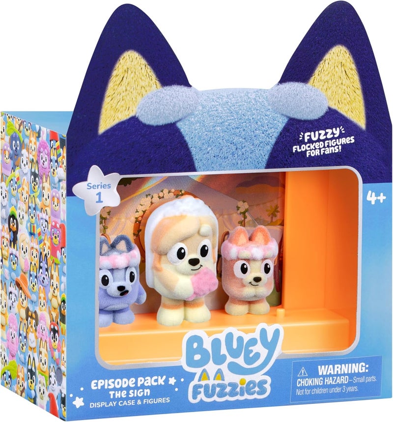 BLUEY Fuzzies Episode Pack: The Sign – 3 Specially Flocked Mini-Figures, 1 Exclusive, Display Case, Foil Trading Card & Collector’s Guide, 50 Mini-Figures to Collect - Image 1