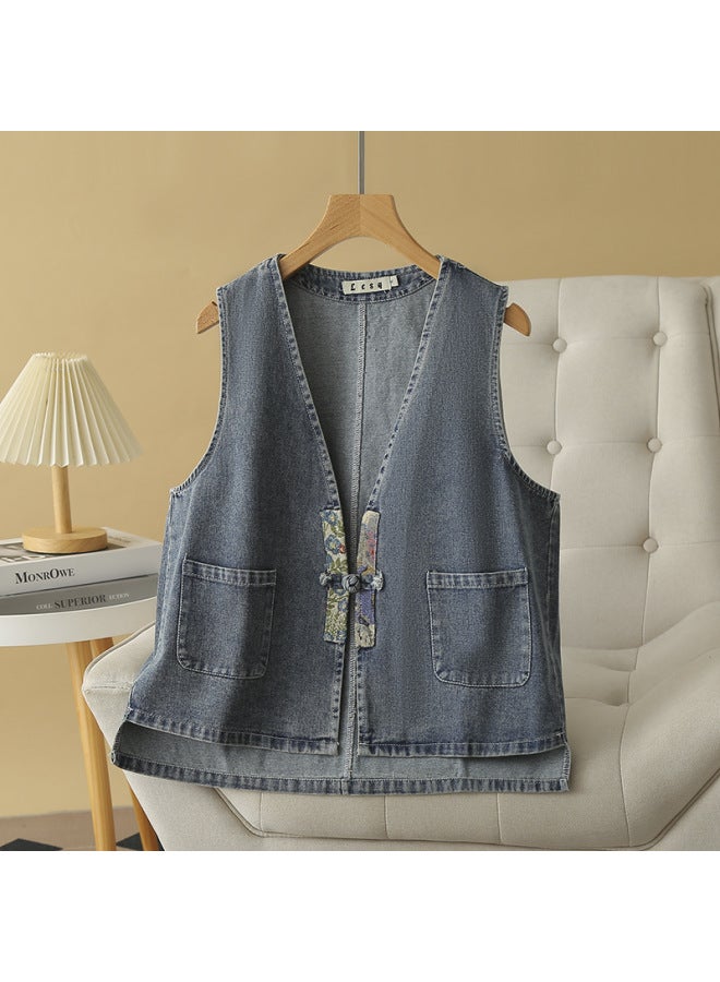New Chinese Denim Vest Women's Plus Size  Spring New Buckle Vest MM200 Kg National Style Cardigan 8270 