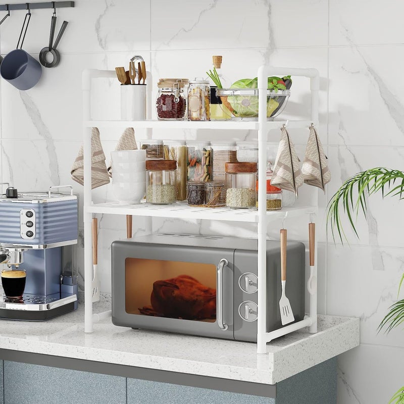 Microwave Oven Rack - Microwave Oven Shelf with Hooks,Double Layer Bread Machine Holder Widened Seasoning Rack for Counter Pantry Garage Table Dorm Bathroom - Image 2