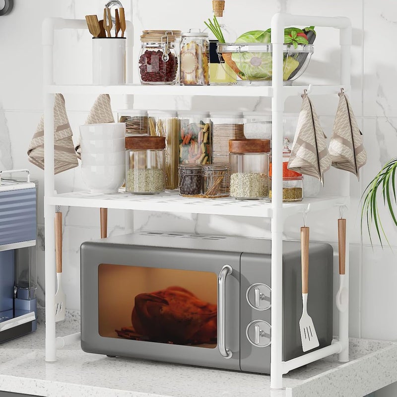Microwave Oven Rack - Microwave Oven Shelf with Hooks,Double Layer Bread Machine Holder Widened Seasoning Rack for Counter Pantry Garage Table Dorm Bathroom - Image 3
