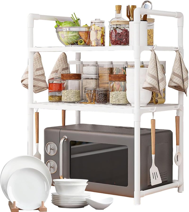 Microwave Oven Rack - Microwave Oven Shelf with Hooks,Double Layer Bread Machine Holder Widened Seasoning Rack for Counter Pantry Garage Table Dorm Bathroom - Image 1