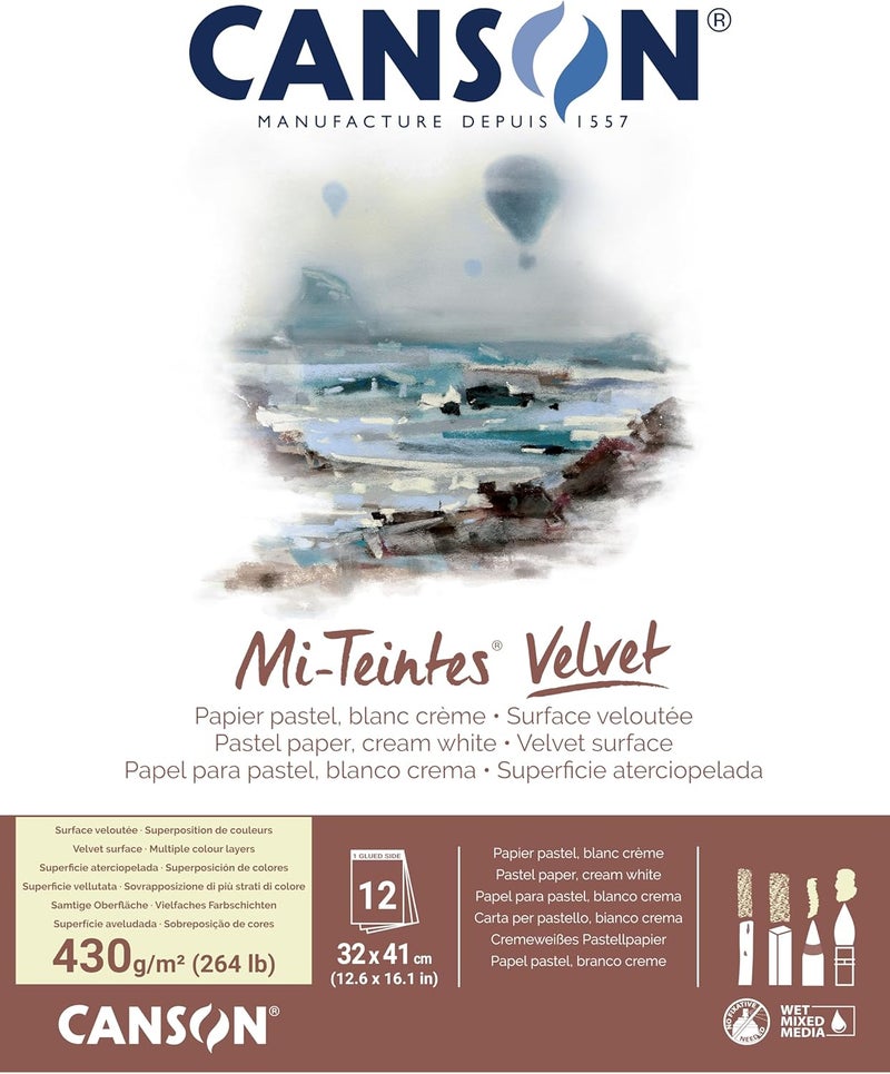 CANSON Canson MiTeintes Velvet Drawing Paper Pad Cream White Glue Binding 260lb430g 12 Sheet 126x161 inch 1 Count 