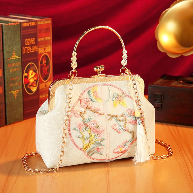 Antique Chinese Style Crossbody Bag with Embroidery and Clasp, Off-White Polyester - Image 3