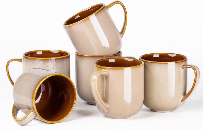 LERATIO 12OZ Ceramic Coffee Mugs Set of 6, Large Porcelain Coffee Cups With Large Handle For Latte,Cappuccino,Milk,Cocoa,|Dishwasher&Microwave Safe Mug Sets,Ideal for Man,Woman,Dad, Mom-Kahki - Image 1