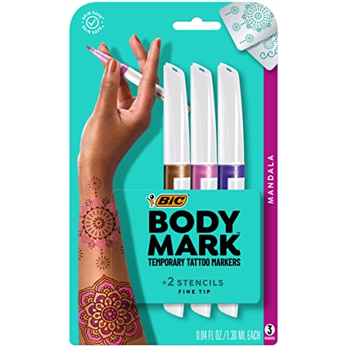 BodyMark BIC BodyMark Temporary Tattoo Marker with Fine Tip Mandala Assorted Colors Pack of 3 Markers 3 Stencils Amazon Vine - Image 2