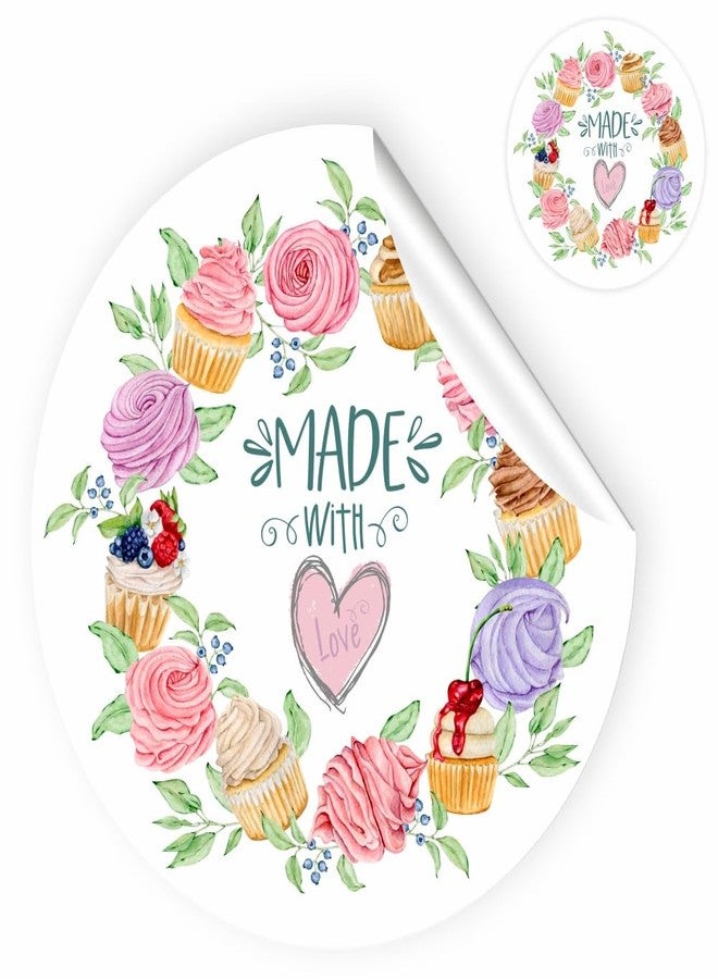 Chic a Choc Made with Love Stickers. Vinyl Paper, Greese-Proof, Non-tearable. Cute Cupcake Wreath Design. Pack of 70. Seal or Paste on Cupcake Box, Cake Box, Bakery Packaging. - Image 1