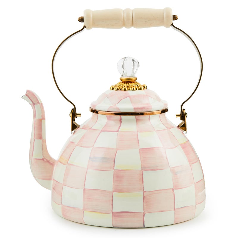 mackenzie childs MACKENZIECHILDS Enamel Tea Kettle Stylish Tea Kettle for Stovetop PinkandWhite Rosy Check 3 Quarts - Image 2
