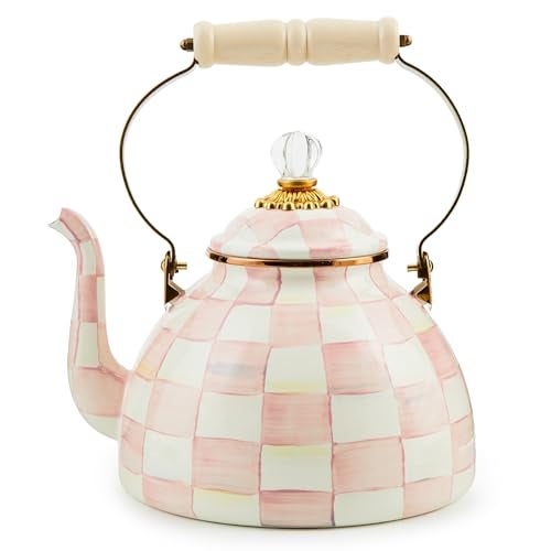mackenzie childs MACKENZIECHILDS Enamel Tea Kettle Stylish Tea Kettle for Stovetop PinkandWhite Rosy Check 3 Quarts - Image 1
