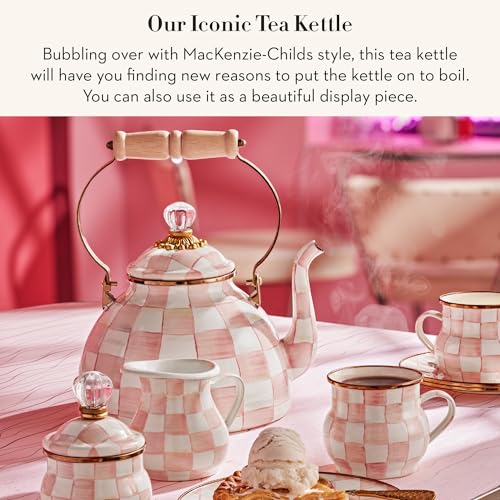 mackenzie childs MACKENZIECHILDS Enamel Tea Kettle Stylish Tea Kettle for Stovetop PinkandWhite Rosy Check 3 Quarts - Image 3