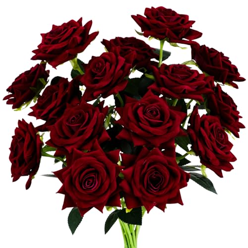 Floweroyal 15PCS Burgundy Roses Artificial Flowers 433 Velvet Flowers with Long Stem Fake Roses for Mom Wife Anniversary Birthday Valentines Day Gift for Women - Image 1