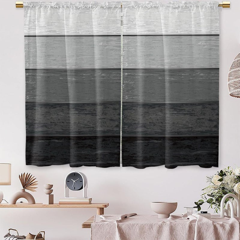 Set Of 2 Black White And Gray Wood Grain Striped Printed Small Curtains 27.5 X 36 Inches For Kitchen Bedroom And Living Room Window Decoration With Rod Pocket Style - Image 2