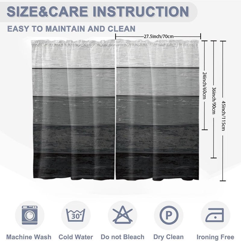 Set Of 2 Black White And Gray Wood Grain Striped Printed Small Curtains 27.5 X 36 Inches For Kitchen Bedroom And Living Room Window Decoration With Rod Pocket Style - Image 3