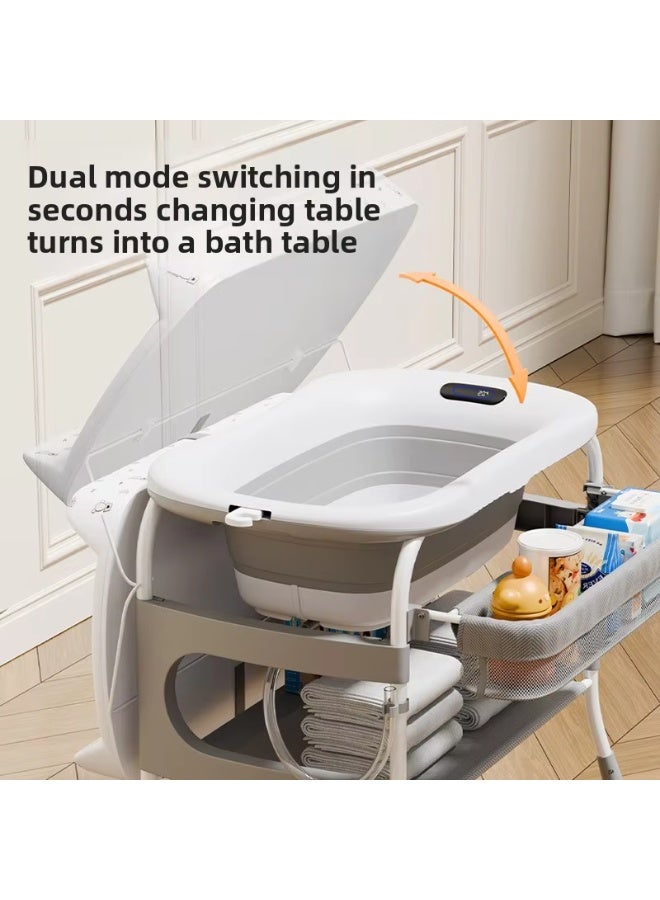 XiuWoo 2-in-1 Baby Bathtub & Changing Table, Adjustable Height Folding Diaper Station Waterproof Pad with Storage Rack & Wheels, Baby Bath Tub with Thermometer Display - Image 4