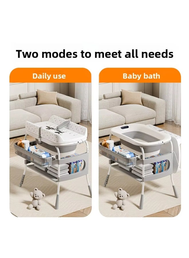 XiuWoo 2-in-1 Baby Bathtub & Changing Table, Adjustable Height Folding Diaper Station Waterproof Pad with Storage Rack & Wheels, Baby Bath Tub with Thermometer Display - Image 3